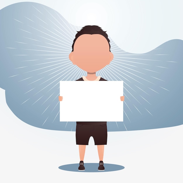 Un niño lindo con una pancarta en blanco Lugar para el texto Estilo de dibujos animados Ilustración vectorial