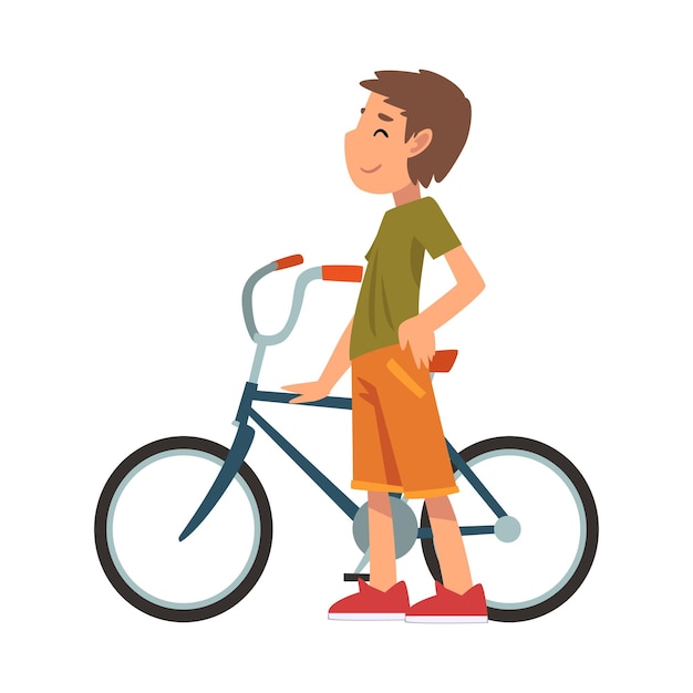 Niño lindo de pie con bicicleta vista lateral Actividad al aire libre de verano Ilustración vectorial de dibujos animados