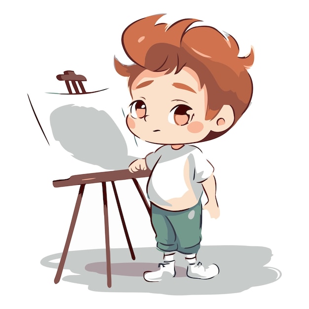 Vector un niño lindo pintando en un caballete ilustración de dibujos animados vectorial