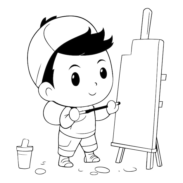 Vector un niño lindo pintando en un caballete ilustración de dibujos animados vectorial