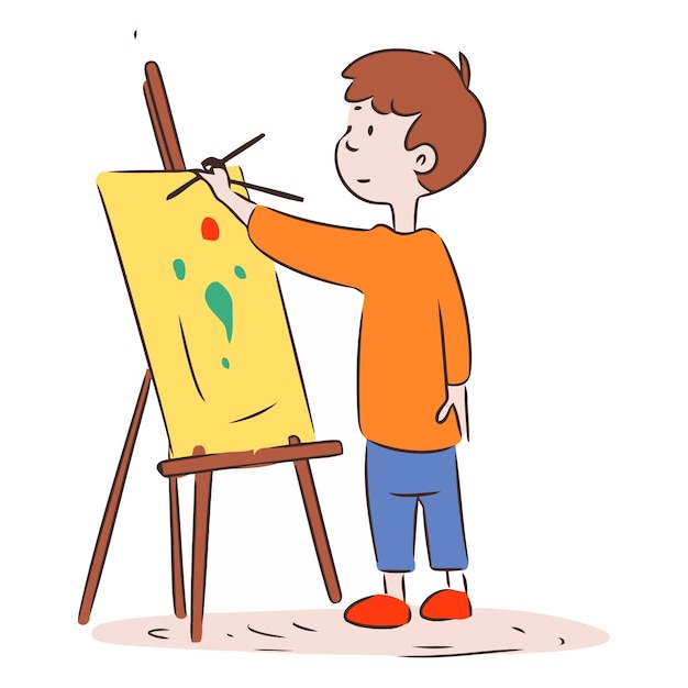 Vector un niño lindo pintando un cuadro en un caballete ilustración vectorial