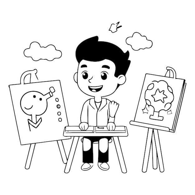 Vector un niño lindo pintando un cuadro ilustración de personajes de dibujos animados vectoriales