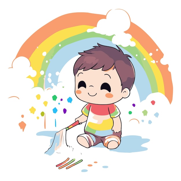 Un niño lindo pintando con pincel y una ilustración vectorial de arco iris colorida