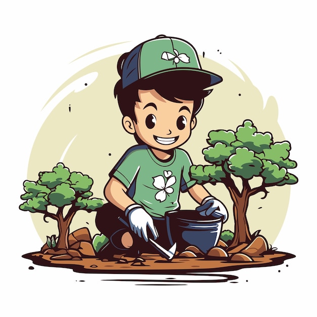 Un niño lindo plantando un árbol en el jardín Ilustración vectorial