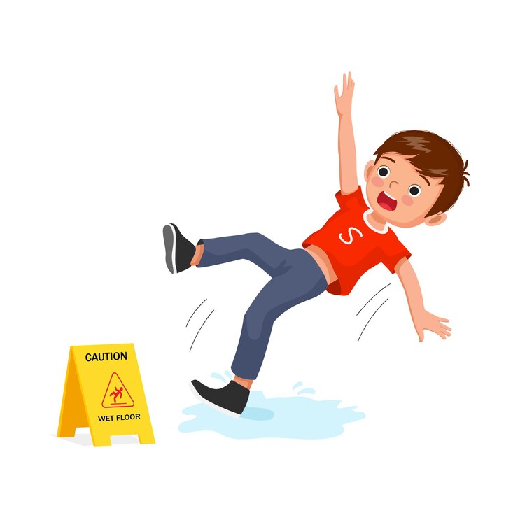 Vector niño lindo que tiene un accidente resbalando en el piso mojado y cayendo cerca de la señal amarilla de precaución