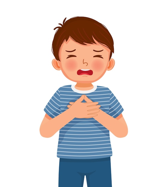 Un niño lindo que tiene dificultad para respirar debido a un ataque de asma