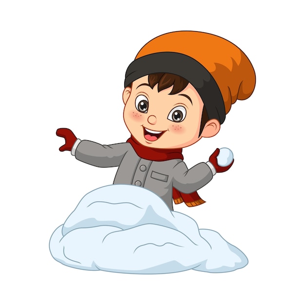 Niño lindo en ropa de invierno lanzando bolas de nieve