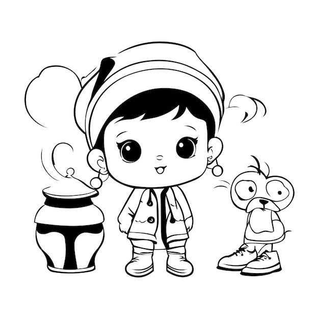 Un niño lindo con ropa de invierno y sombrero con una olla de poción