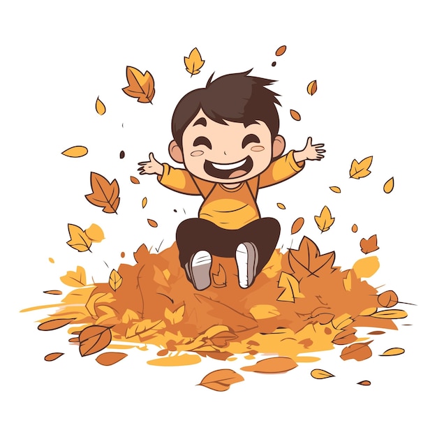 Un niño lindo saltando en las hojas de otoño Ilustración de dibujos animados vectorial