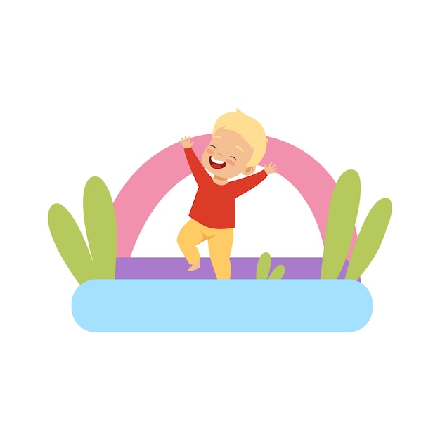 Un niño lindo saltando en una ilustración de vector de trampolín inflable sobre un fondo blanco