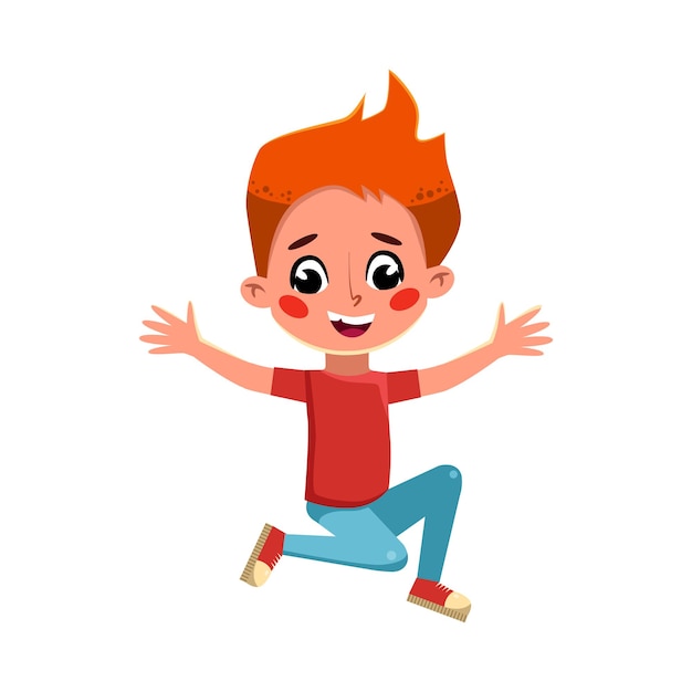 Niño lindo saltando Niño preescolar pelirrojo lindo divirtiéndose celebrando las vacaciones Ilustración vectorial al estilo de dibujos animados