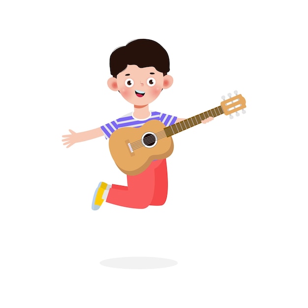 Niño lindo saltando tocando la guitarra niños felices niño tocando la guitarra vector de rendimiento musical