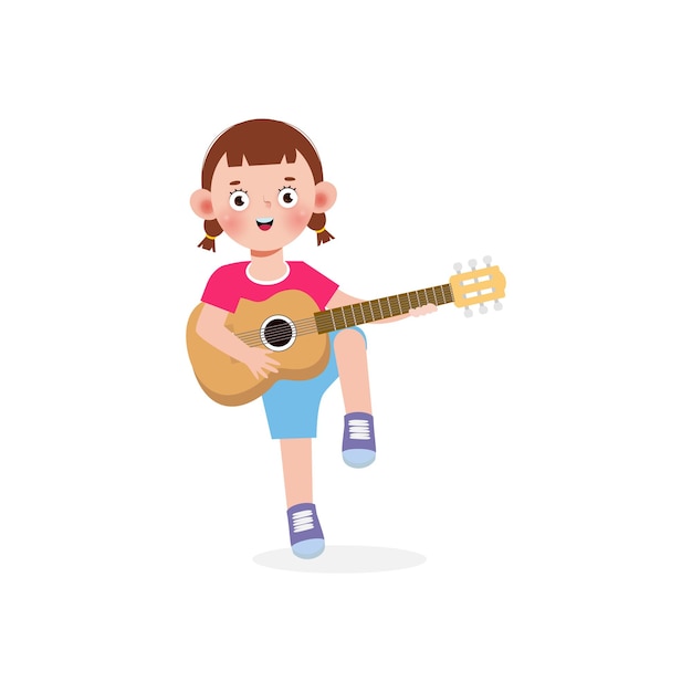 Niño lindo saltando tocando la guitarra niños felices niño tocando la guitarra vector de rendimiento musical