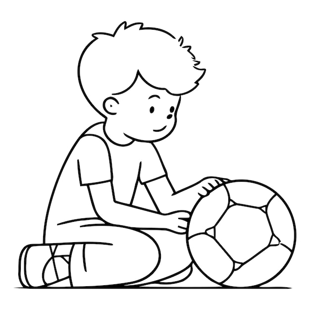 Vector un niño lindo sentado en el suelo jugando al fútbol.