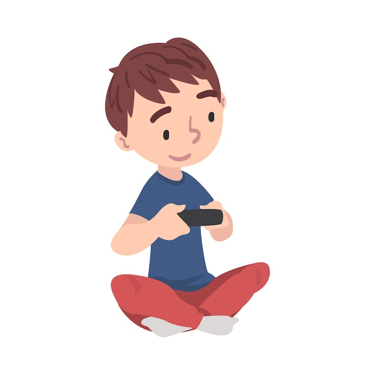 Vector niño lindo sentado en el suelo jugando videojuegos niño adolescente sosteniendo el controlador ilustración vectorial de estilo dibujos animados