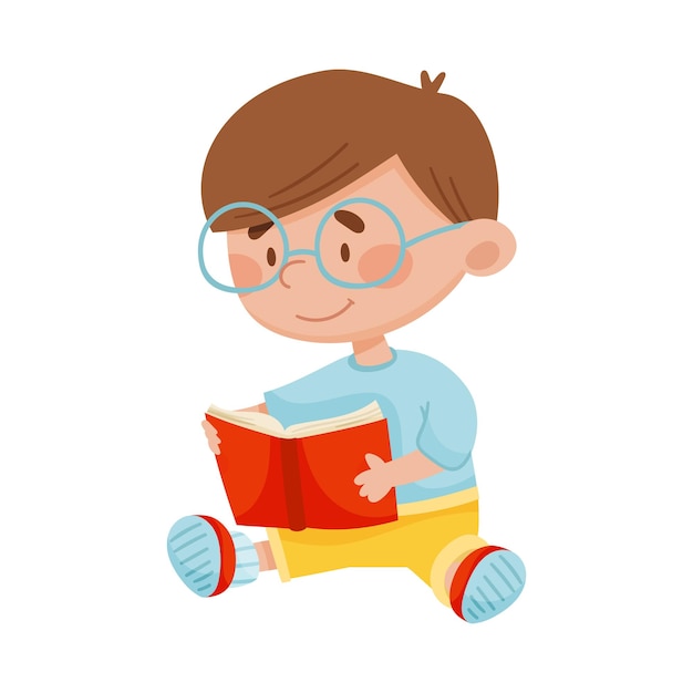 Un niño lindo sentado en el suelo con un libro abierto y leyendo una ilustración vectorial