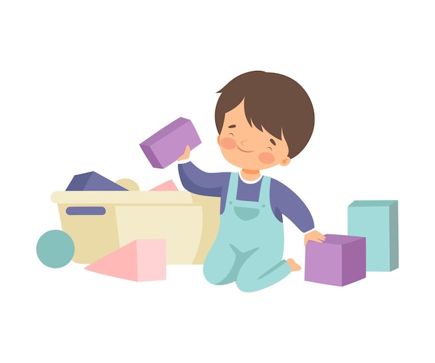 Niño lindo sentado en el suelo y limpiando sus juguetes Niño haciendo tareas domésticas en casa Ilustración vectorial en fondo blanco