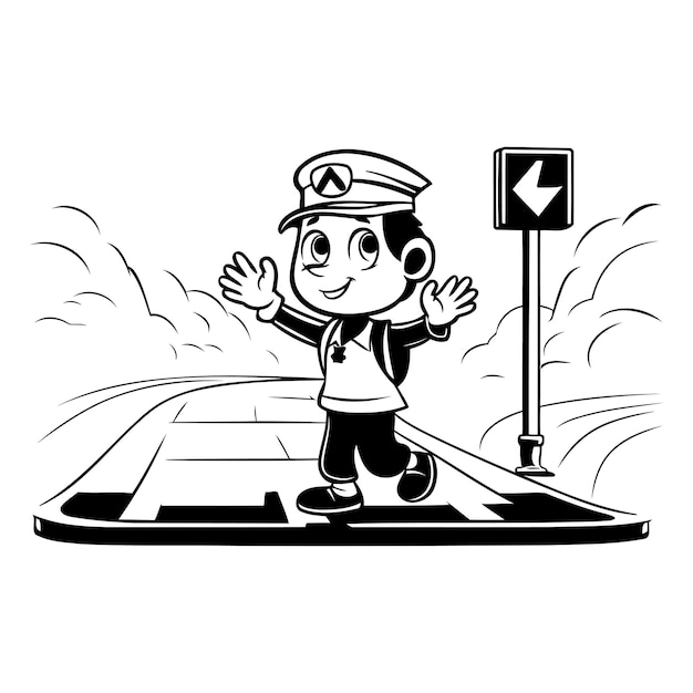 Vector niño lindo con sombrero de piloto agitando la mano en la ilustración vectorial de la carretera