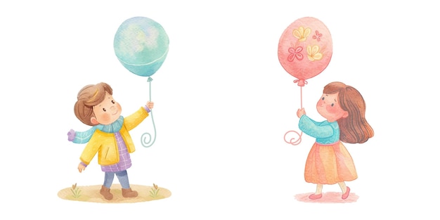 niño lindo sosteniendo un globo acuarela ilustración vectorial 9
