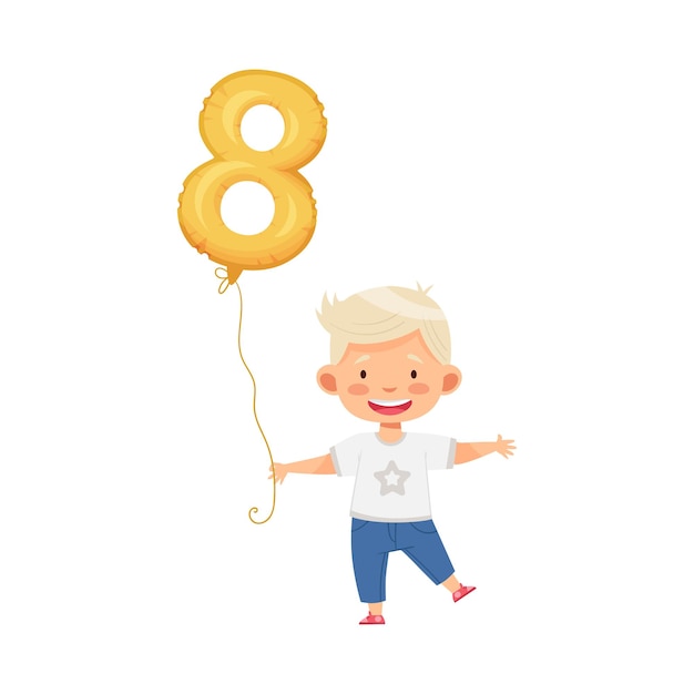 Niño lindo sosteniendo un globo en forma de número dorado por la ilustración vectorial de cuerdas