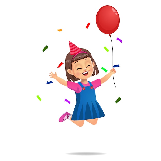 Niño lindo sosteniendo globo y saltando en la fiesta de cumpleaños