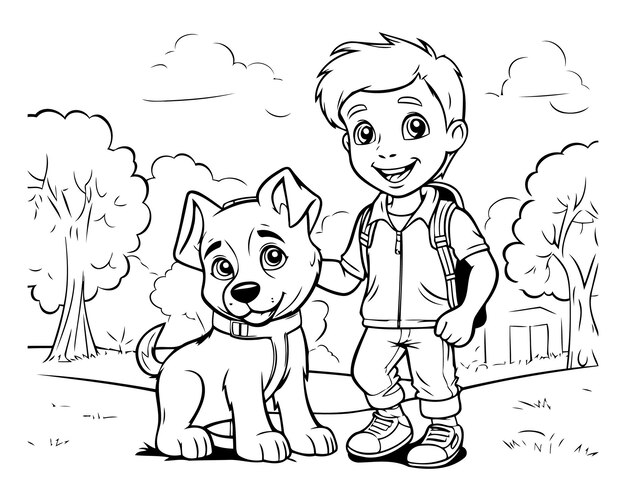 Vector niño lindo con su perro en el parque ilustración vectorial en blanco y negro