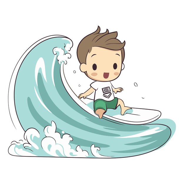 Vector un niño lindo surfeando en una ola en un estilo plano