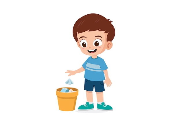 Un niño lindo tira tejido en la ilustración de vector de bote de basura