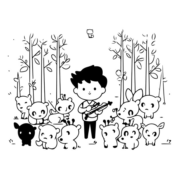 Vector un niño lindo tocando el violín con sus amigos en el bosque