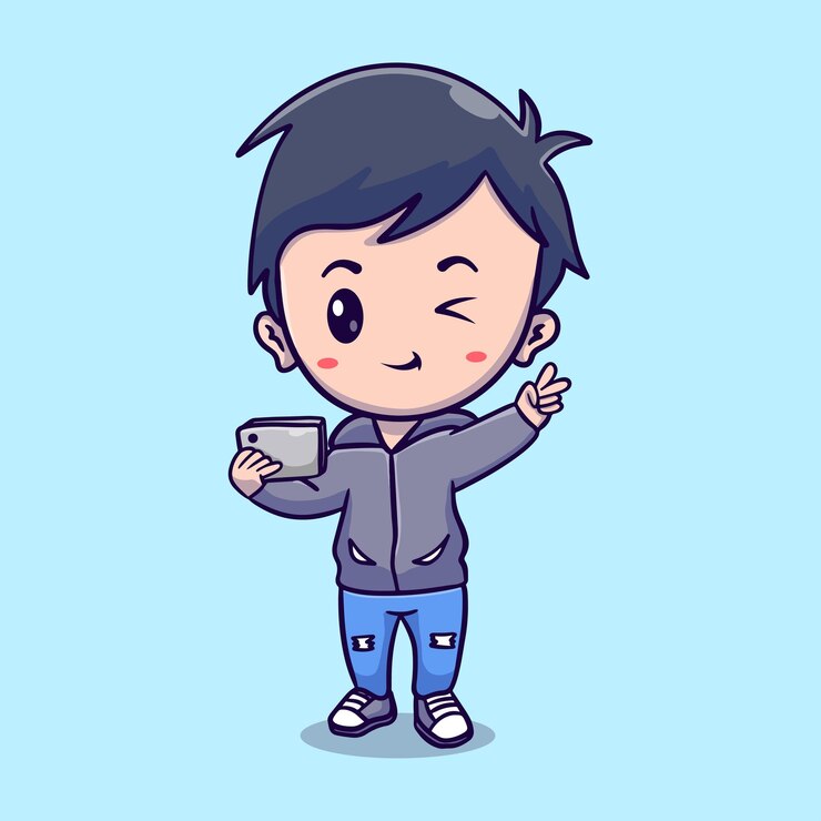 Vector niño lindo tomando una selfie con la cámara del teléfono ilustración de icono vectorial de dibujos animados