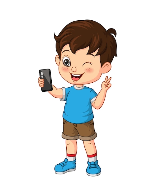 Un niño lindo tomando una selfie con un teléfono inteligente