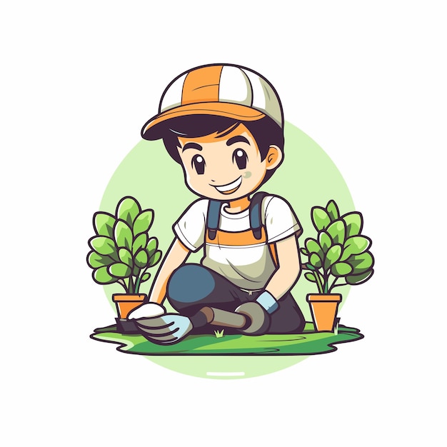 Vector niño lindo trabajando en el jardín ilustración de dibujos animados vectorial