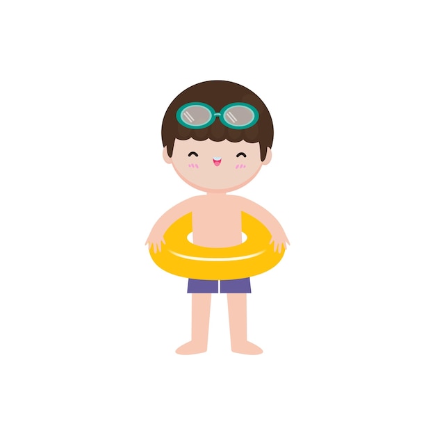 Niño lindo con traje de baño con anillo flotante en la playa personaje de dibujos animados de estilo plano vector illustrustra