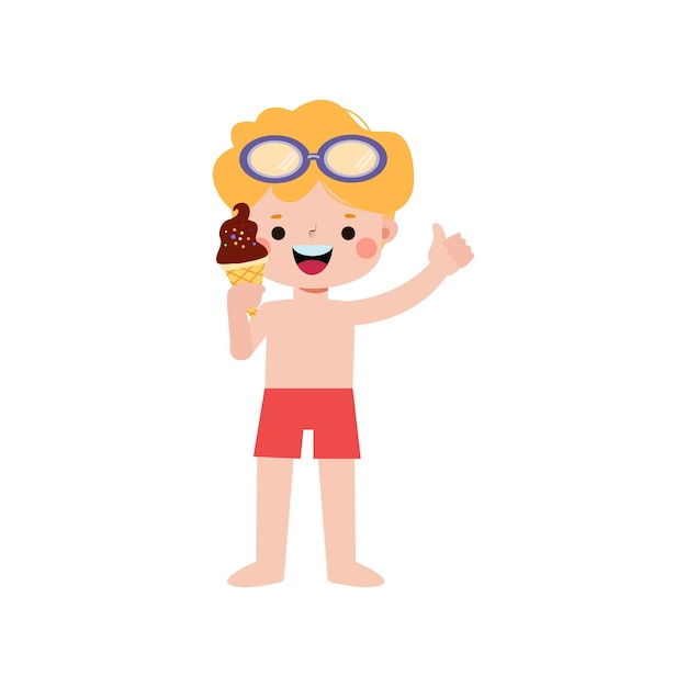 Niño lindo con traje de baño con helado en la playa personaje de dibujos animados vector de estilo plano