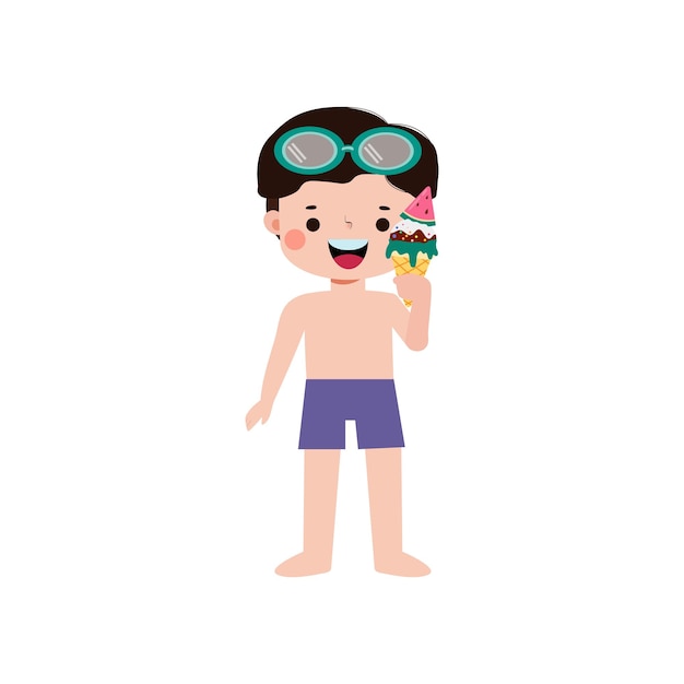 Niño lindo con traje de baño con helado en la playa personaje de dibujos animados vector de estilo plano