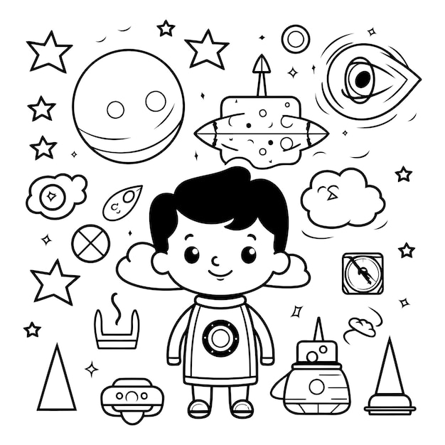 Niño lindo en traje espacial página de colorear