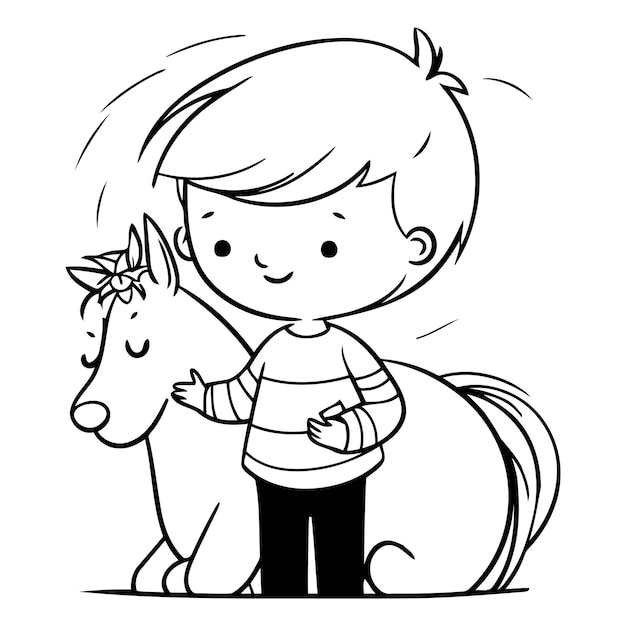 Vector un niño lindo y un unicornio blanco al estilo de los dibujos animados.