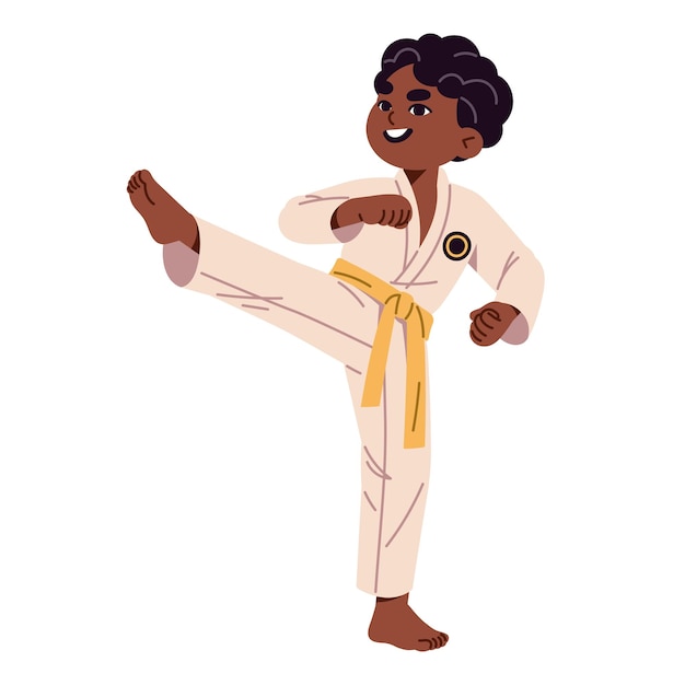 Niño lindo en uniforme entrenando técnicas de karate pateando niño negro aprendiendo prácticas de judo kung fu niño feliz hace deporte artes marciales orientales ilustración vectorial aislada plana sobre fondo blanco