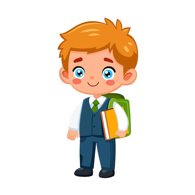 Niño lindo en uniforme escolar sosteniendo una ilustración vectorial de libro