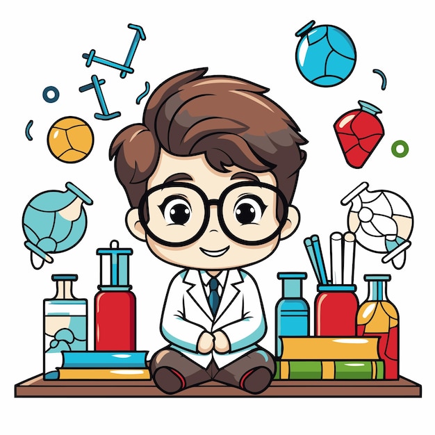Vector un niño lindo vestido como un científico sentado en un estante lleno de suministros científicos