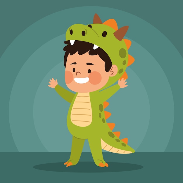 Vector niño lindo vestido como un diseño de ilustración de vector de personaje de dinosaurio