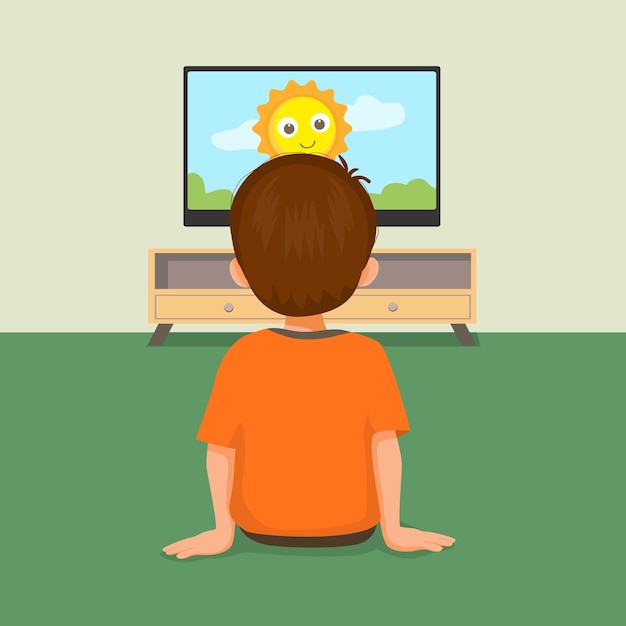 Vector un niño lindo viendo la televisión sentado en el suelo.