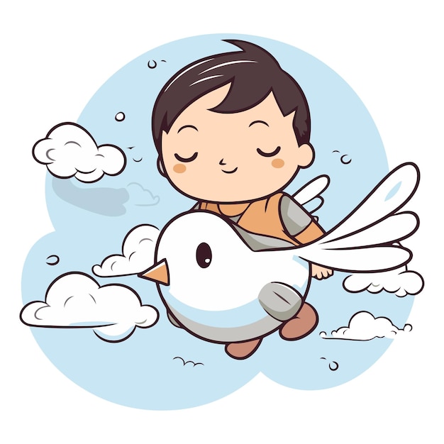Vector un niño lindo volando con un pájaro blanco