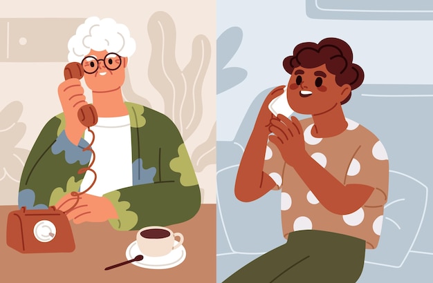Niño llamando a la abuela. Niño hablando con la abuela por teléfono. Nieto feliz hablando, diciéndole algo a la abuela por teléfono. Concepto de comunicación de diferente generación. Ilustración de vector plano