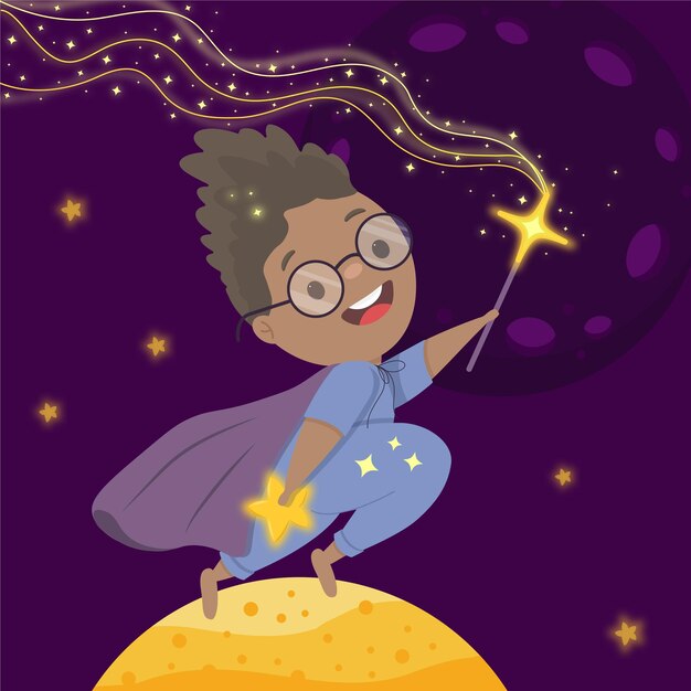 Niño mago con una varita mágica entre las estrellas y los planetas.