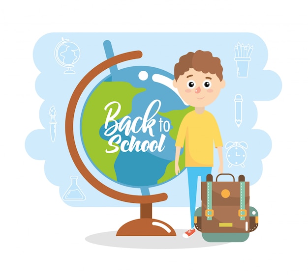 Niño con mapa global de educación con mochila.
