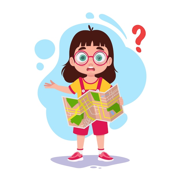 Un niño con un mapa en sus manos pide direcciones