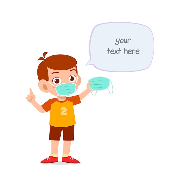 Niño con máscara y advertir sobre virus.