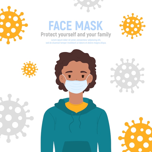 Niño con máscara médica en la cara para protegerlo contra el coronavirus covid-19, 2019-nCov aislado sobre fondo blanco. Concepto de protección contra virus para niños. Mantenerse a salvo. ilustración