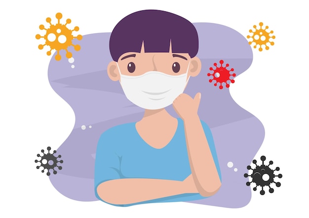 Niño con una máscara para prevenir bacterias y corona virus estilo vector ilustración plana